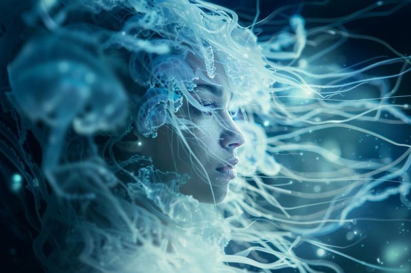 Pequenos raios saem da cabeça de uma mulher